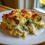 A close-up serving of creamy Chicken Divan casserole featuring shredded chicken, broccoli florets, and a golden, cheesy crust.