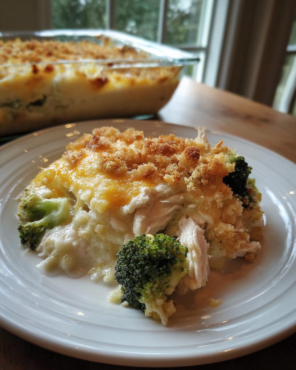 A serving of creamy Chicken Divan topped with melted cheese and crunchy breadcrumbs, featuring visible shredded chicken and broccoli florets.