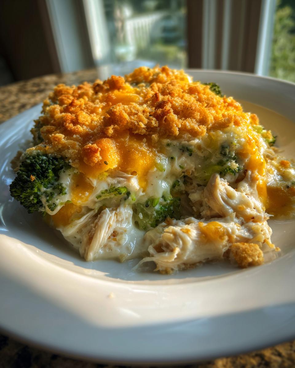 A close-up serving of creamy Chicken Divan featuring shredded chicken, broccoli, and a golden, crunchy topping.