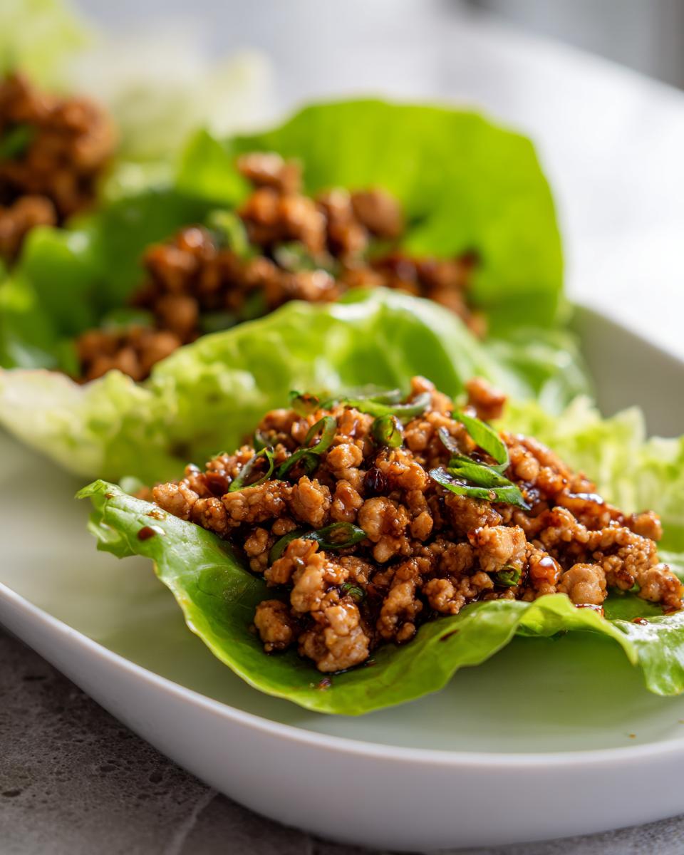 Close-up of a delicious chicken lettuce wraps serving, featuring savory ground chicken mixture in crisp lettuce cups.