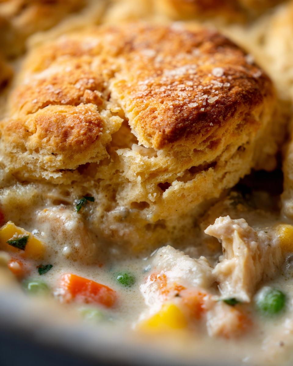 Close-up of a golden biscuit topping breaking open to reveal creamy filling in a chicken pot pie casserole with visible chicken and vegetables.