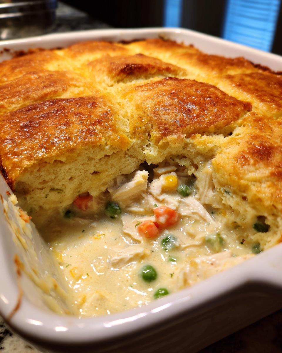 A scoop taken out of a baked chicken pot pie casserole revealing creamy filling with chicken, peas, and carrots under a golden biscuit topping.