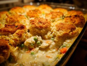 Close-up of a bubbling chicken pot pie casserole with creamy filling and golden brown biscuits on top.