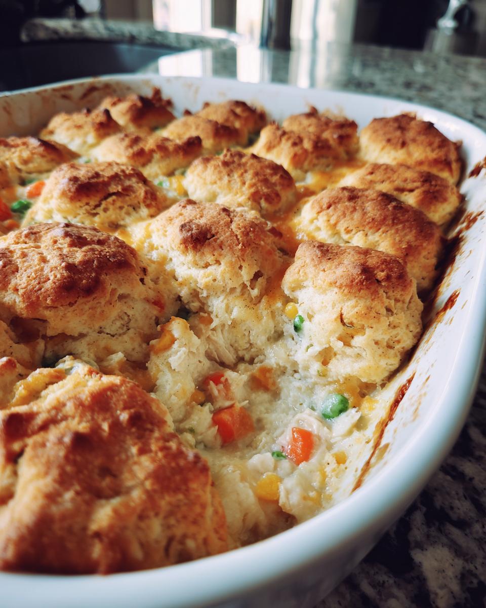 Close-up of baked chicken pot pie casserole topped with golden brown biscuits and creamy filling.