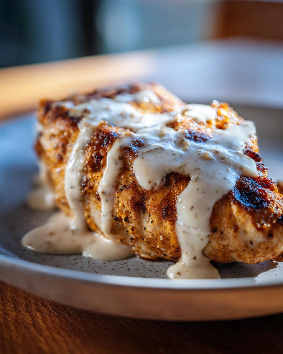 Close-up of a perfectly cooked, seasoned chicken breast smothered in creamy garlic sauce.