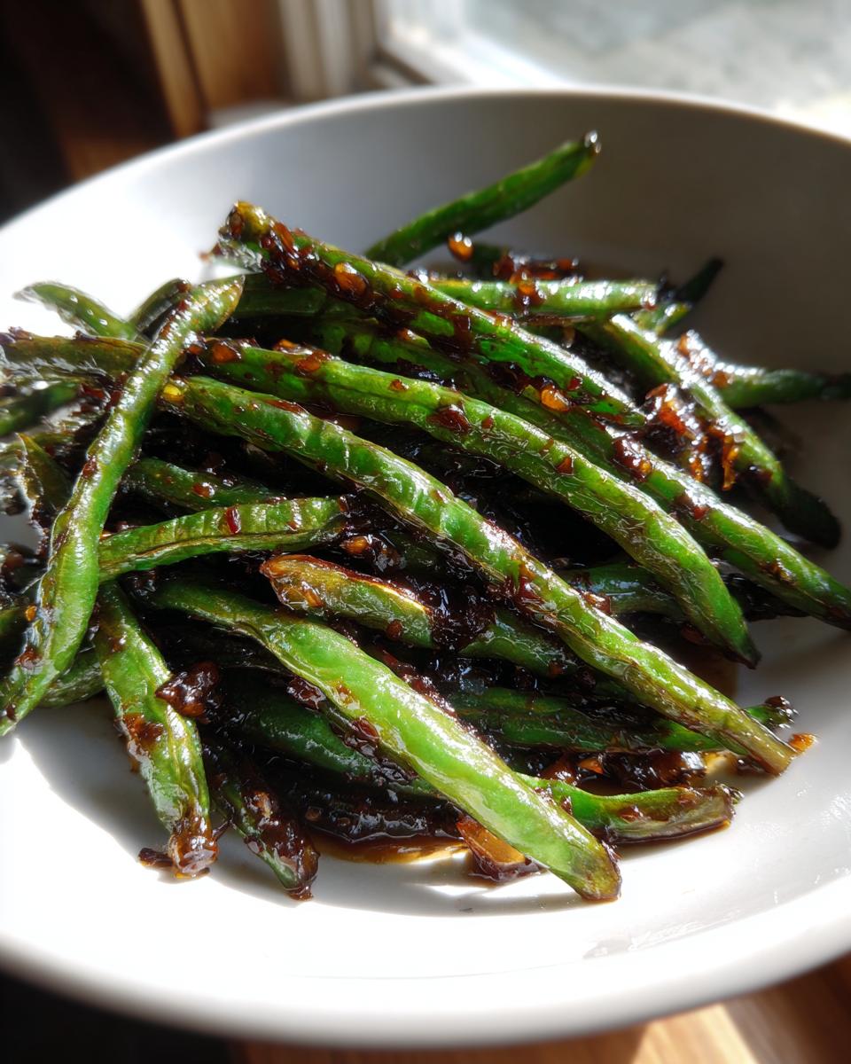 A close-up of vibrant green beans coated in a rich, dark chinese green beans with garlic sauce, served in a white bowl.