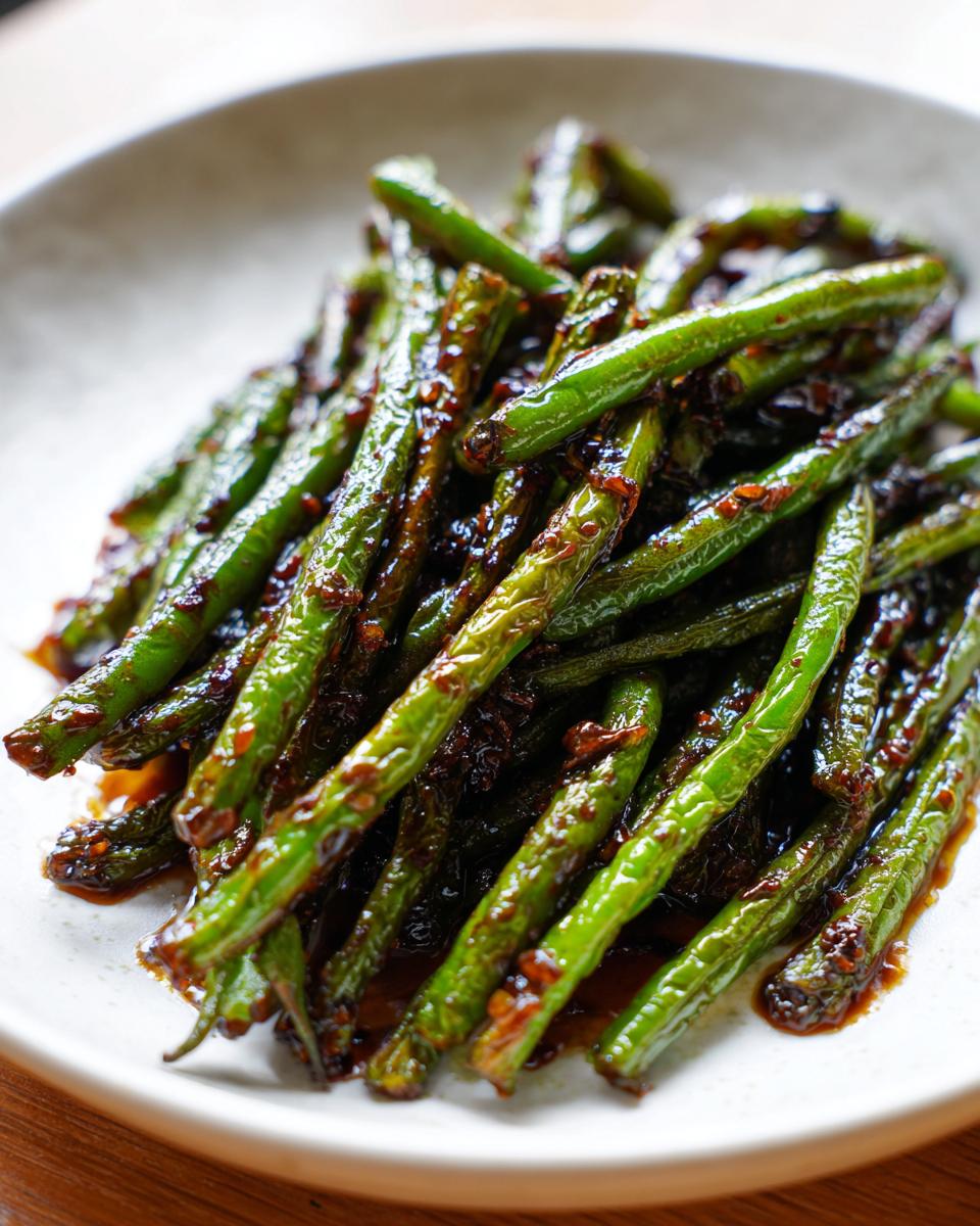 Close-up of vibrant green beans coated in a rich, dark chinese green beans with garlic sauce, served on a light plate.