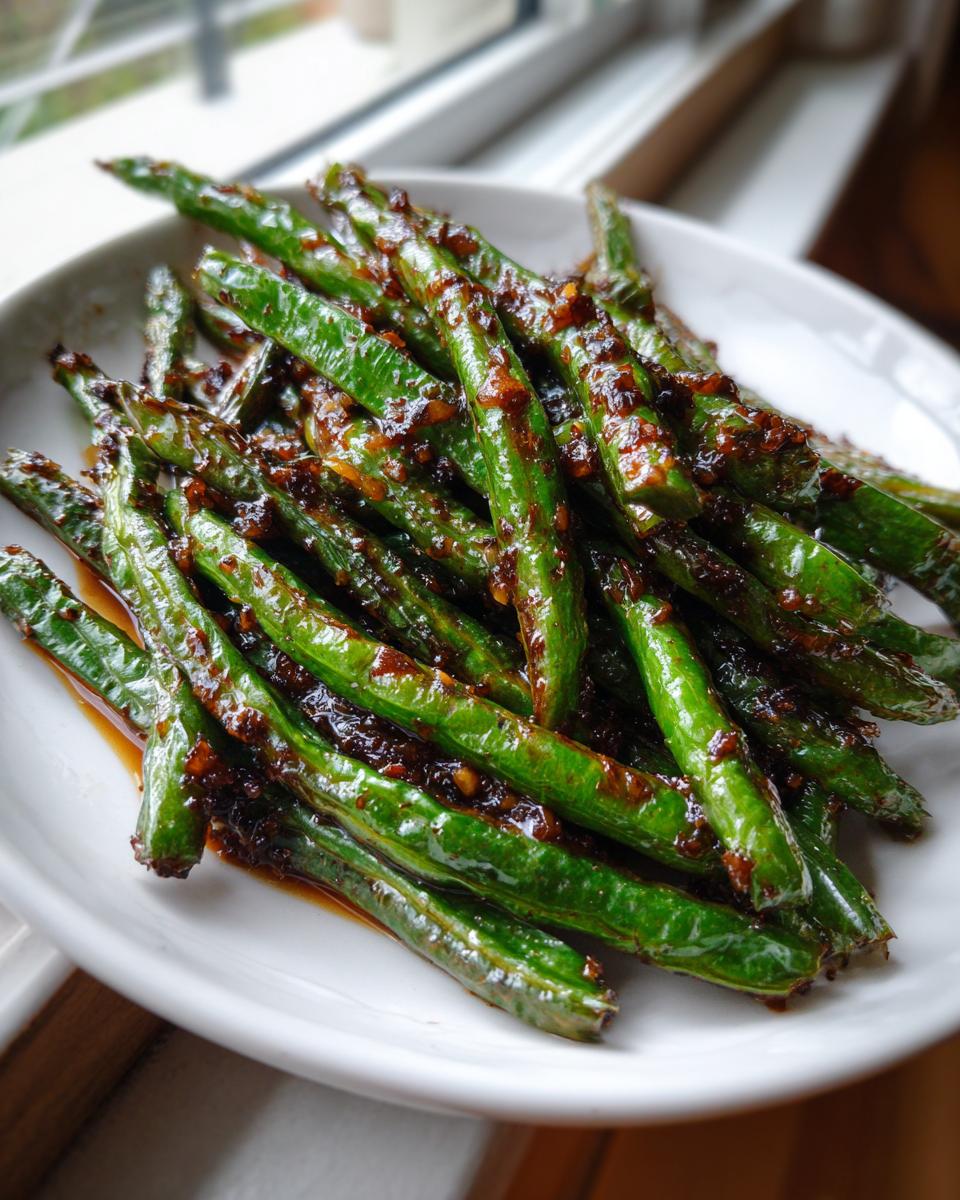 A close-up of bright green, blistered chinese green beans with garlic sauce piled on a white plate.