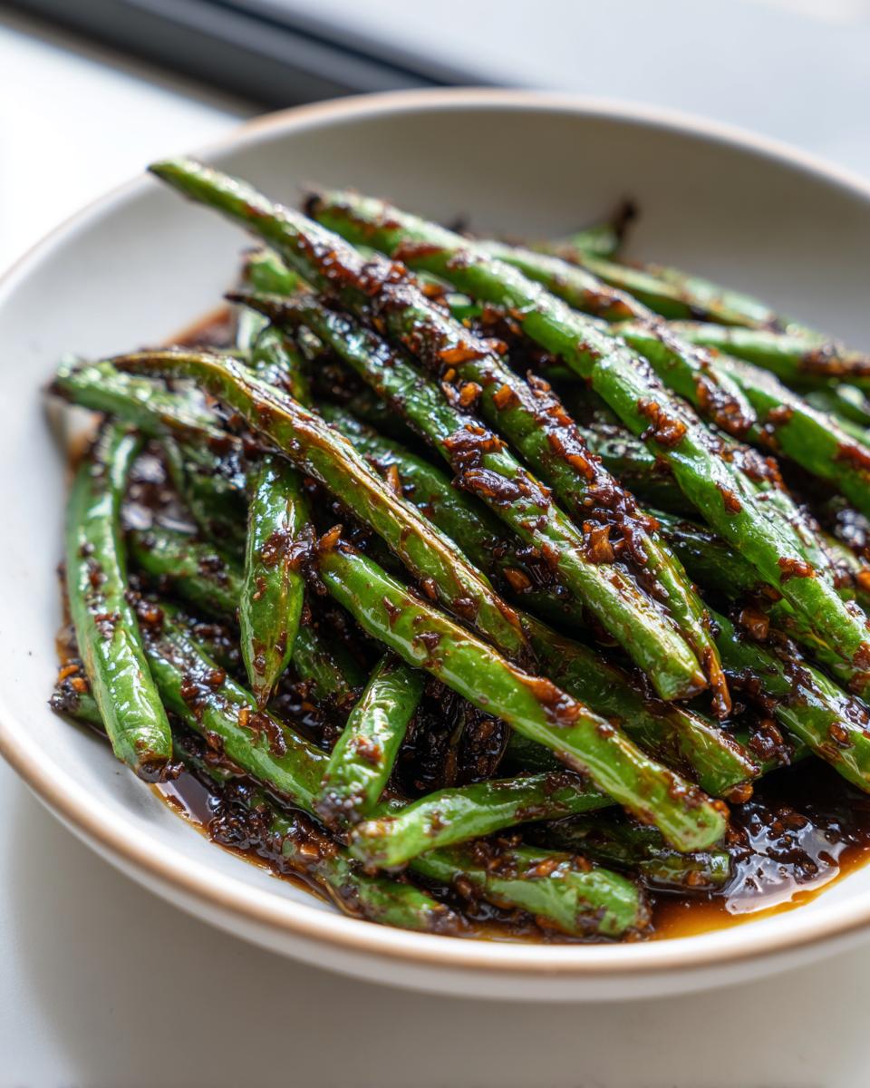 Vibrant green beans coated in a rich, dark chinese green beans with garlic sauce, served in a white bowl.