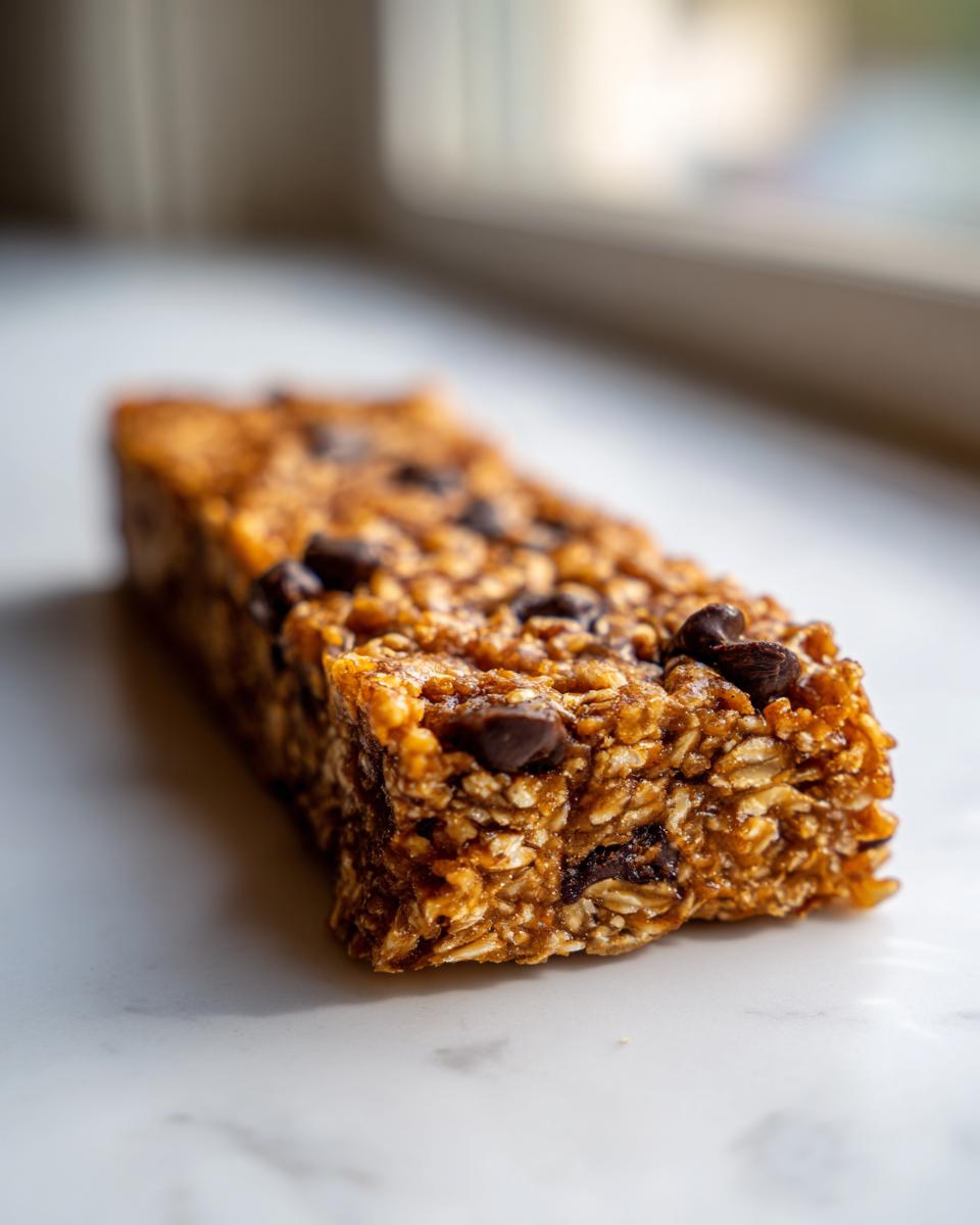 A close-up, macro shot of a single, chewy no bake granola bar studded with chocolate chips.