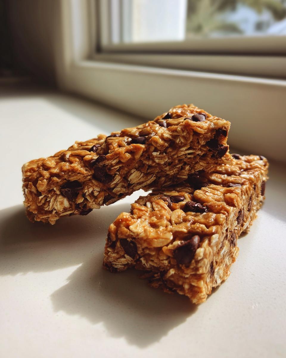 Two pieces of chewy, chocolate chip no bake granola bars stacked slightly, showing oats and binding mixture.