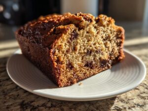 A thick slice of moist vegan banana bread studded with chocolate chips, sitting on a white plate.