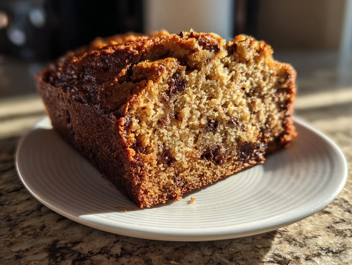 A thick slice of moist vegan banana bread studded with chocolate chips, sitting on a white plate.