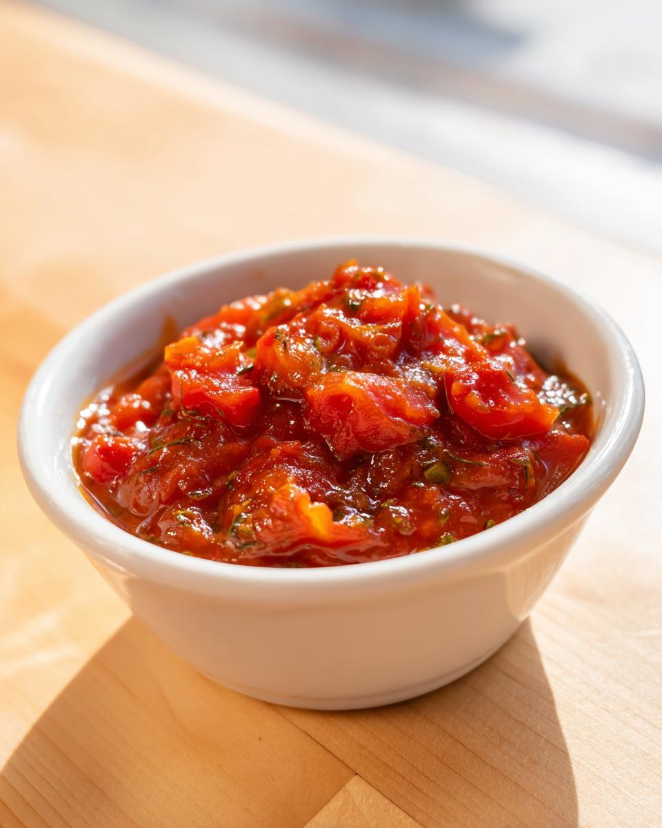 Close-up of vibrant, chunky homemade pizza sauce seasoned with herbs in a small white bowl.