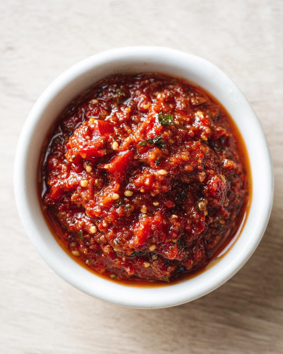 Overhead close-up of chunky, vibrant red pizza sauce with visible seeds and herbs in a small white bowl.