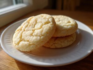 Three soft, pale yellow sugar cookie rounds stacked on a white plate, showing a classic crinkled top texture.