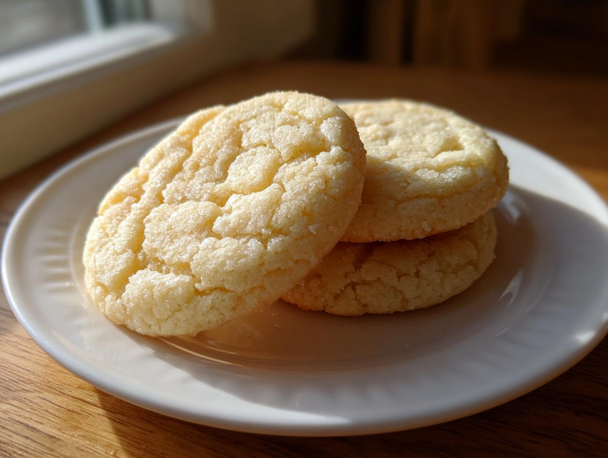 Three soft, pale yellow sugar cookie rounds stacked on a white plate, showing a classic crinkled top texture.