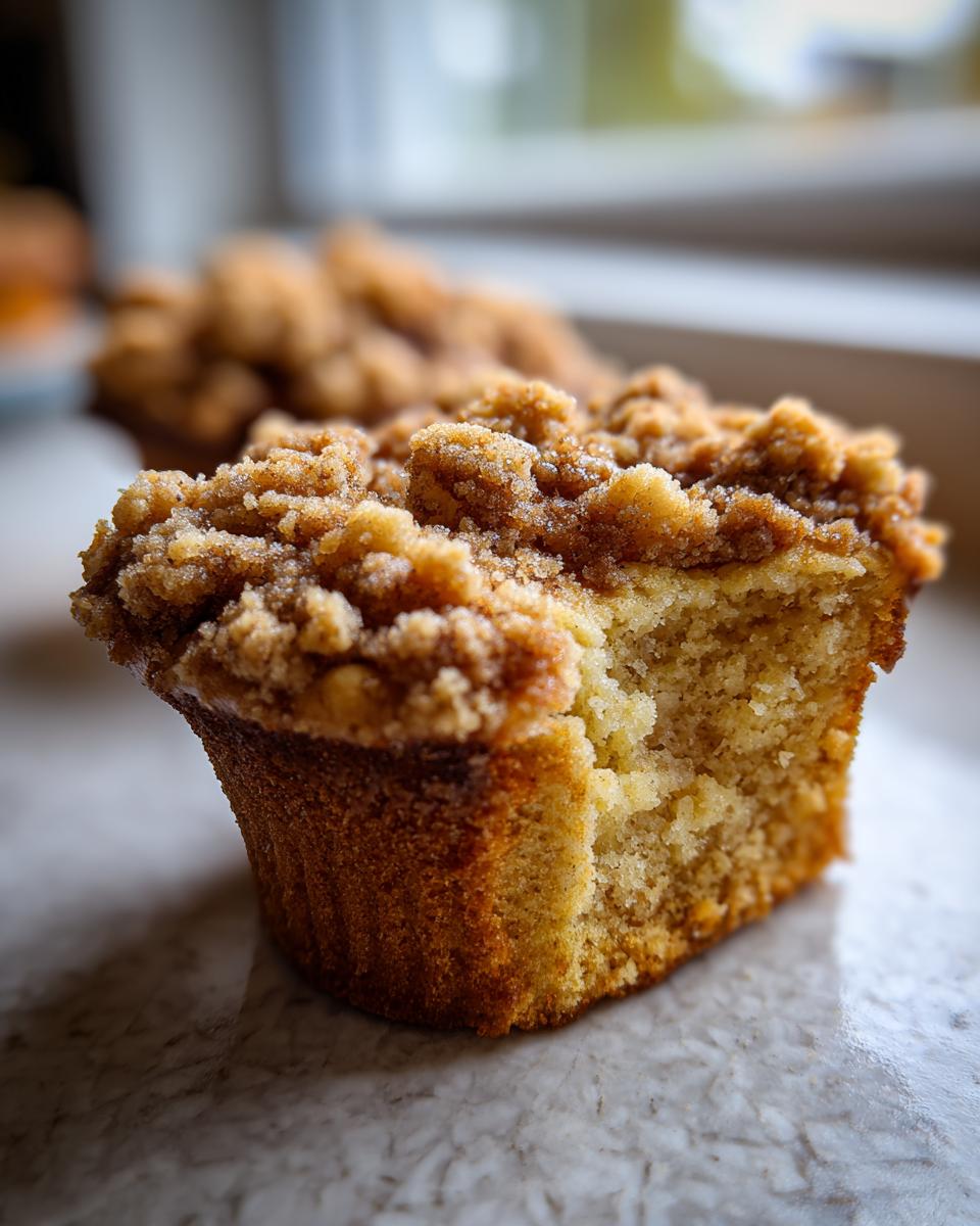 A close-up shot of a coffee cake cookie, showing a bite taken out, highlighting the moist interior and thick cinnamon streusel topping.