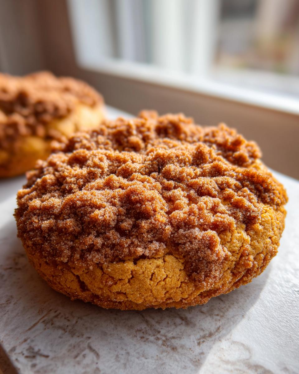 A close-up of a freshly baked coffee cake cookie topped with a thick layer of cinnamon streusel topping.