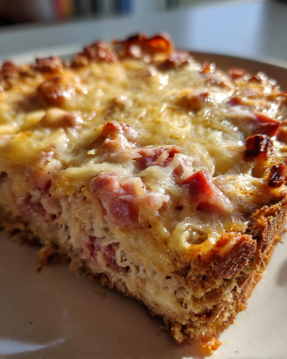 A close-up, sunlit slice of homemade reuben bake showing melted cheese and chunks of ham.