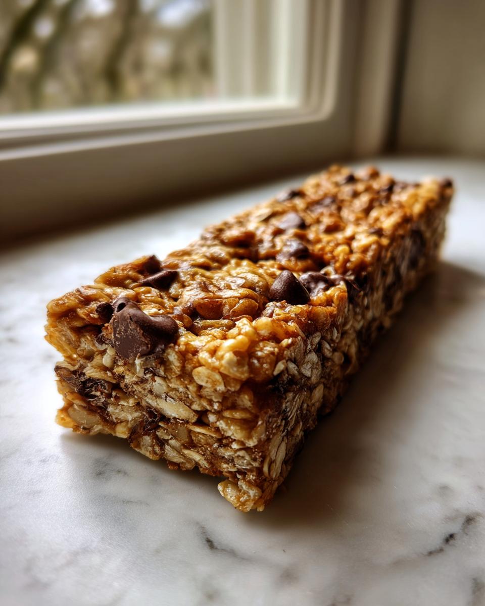 A single, thick no bake granola bars packed with oats and topped with melted chocolate chips, resting on a marble surface.