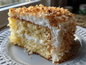 Close-up of a moist slice of coconut cake with white frosting and toasted coconut flakes on top.