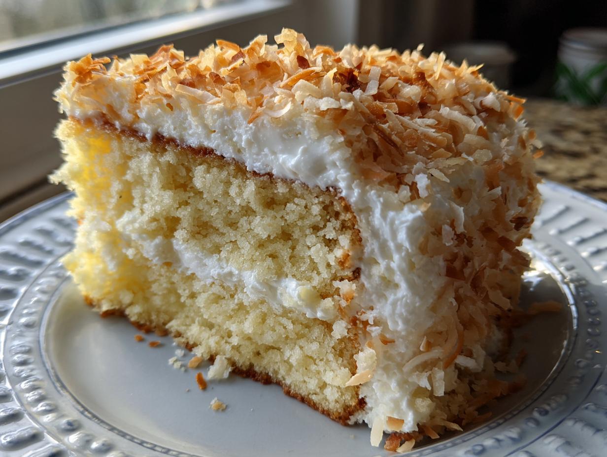 Close-up of a moist slice of coconut cake with white frosting and toasted coconut flakes on top.