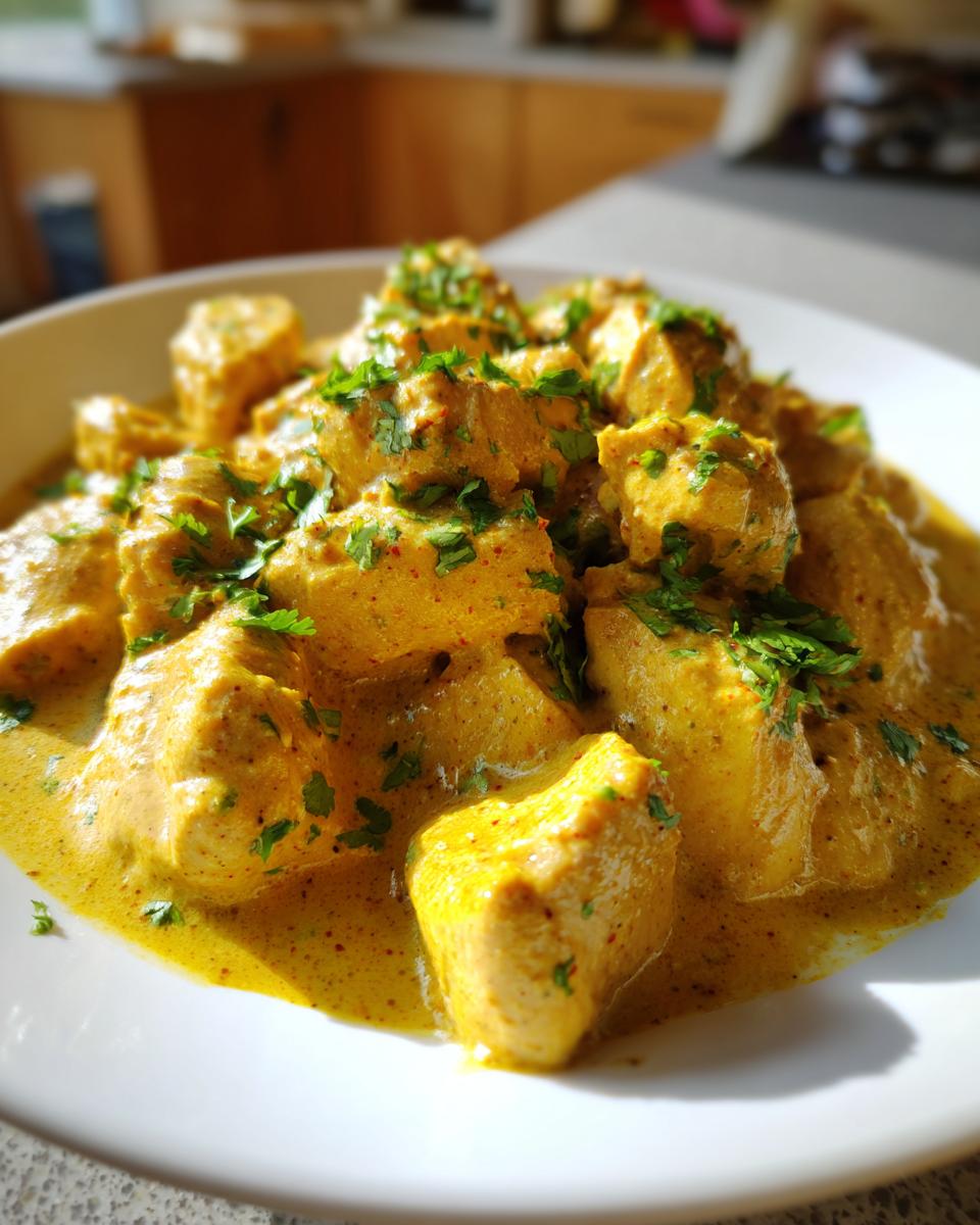 Close-up of tender chunks of coconut chicken in a creamy, yellow sauce, garnished with fresh parsley.