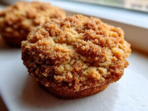 A close-up, macro shot of a freshly baked coffee cake cookie featuring a thick, sugary cinnamon streusel topping.