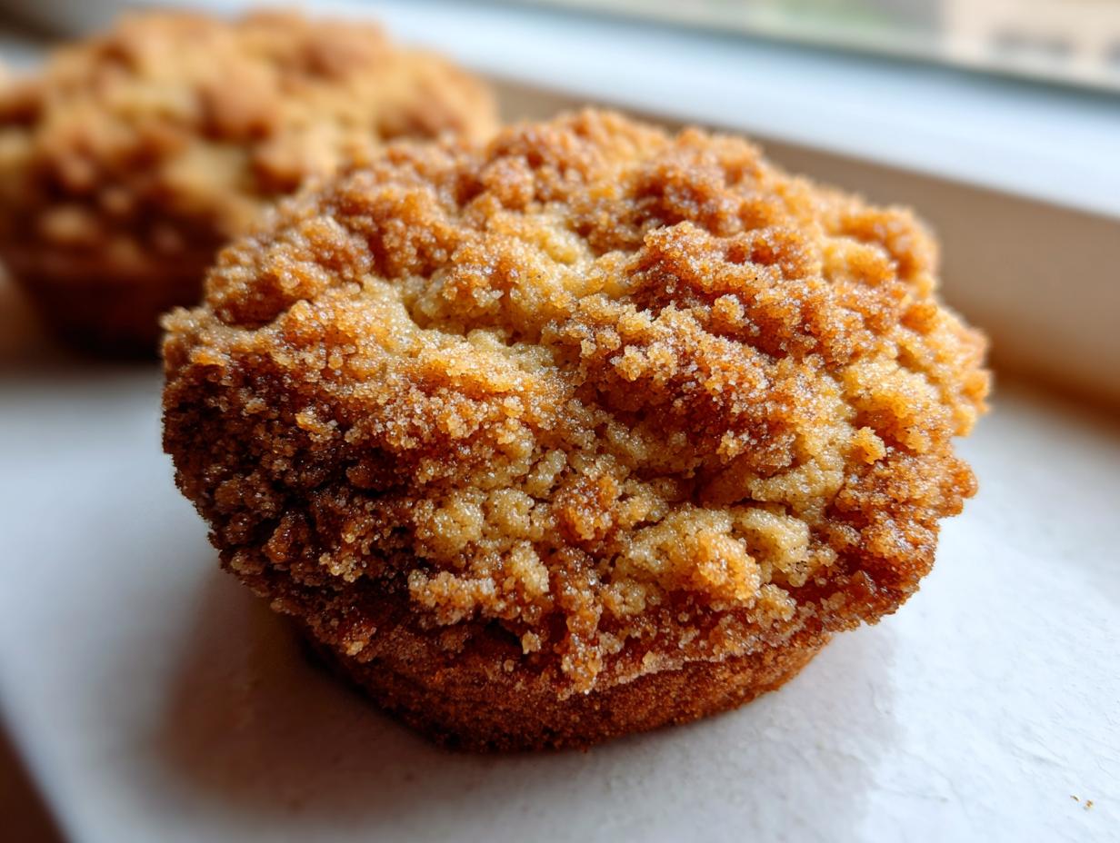 A close-up, macro shot of a freshly baked coffee cake cookie featuring a thick, sugary cinnamon streusel topping.