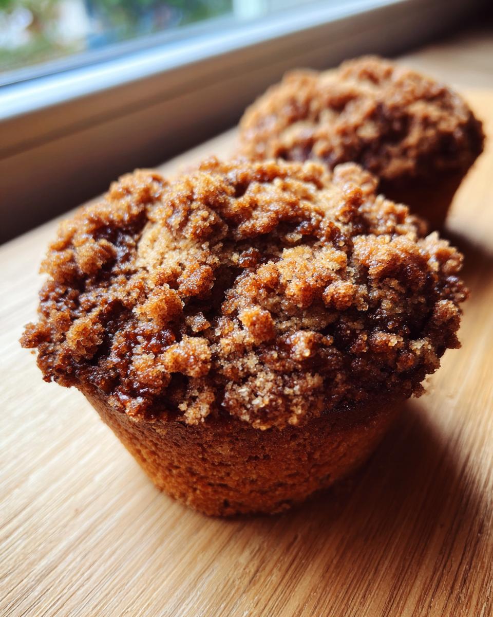 Close-up of two freshly baked coffee cake cookies topped with a thick, rich brown sugar streusel topping.