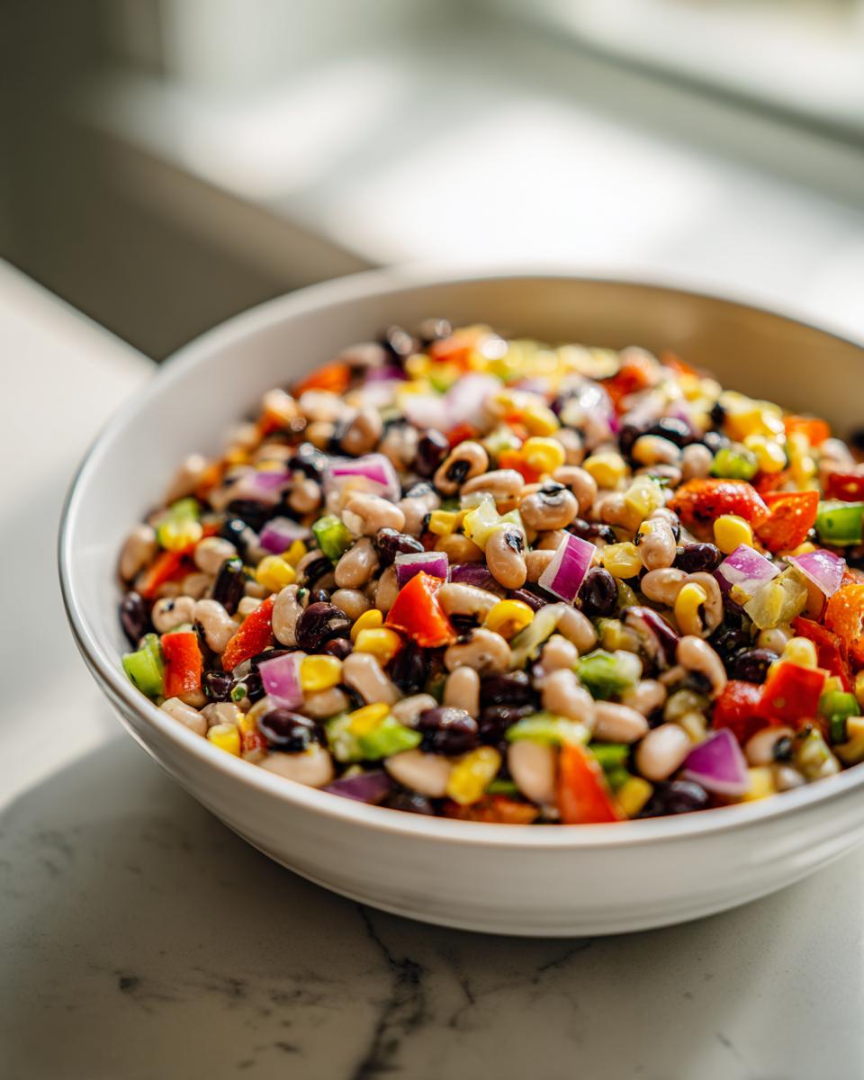 Close-up of a white bowl filled with colorful cowboy caviar featuring black beans, black-eyed peas, corn, and diced red onion.