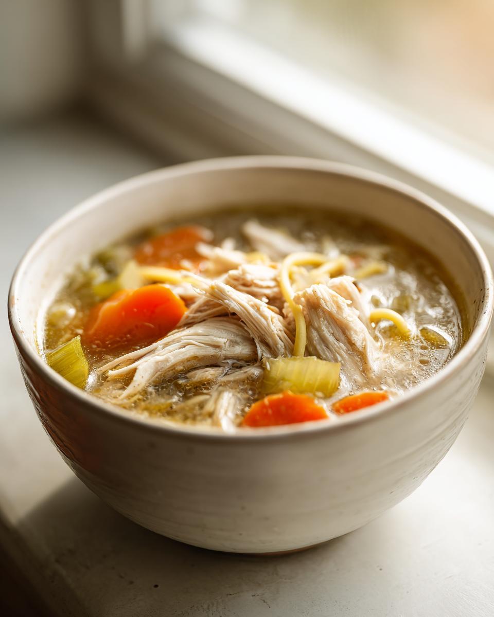 Close-up of a warm bowl of homemade turkey soup featuring shredded turkey, carrots, celery, and egg noodles.