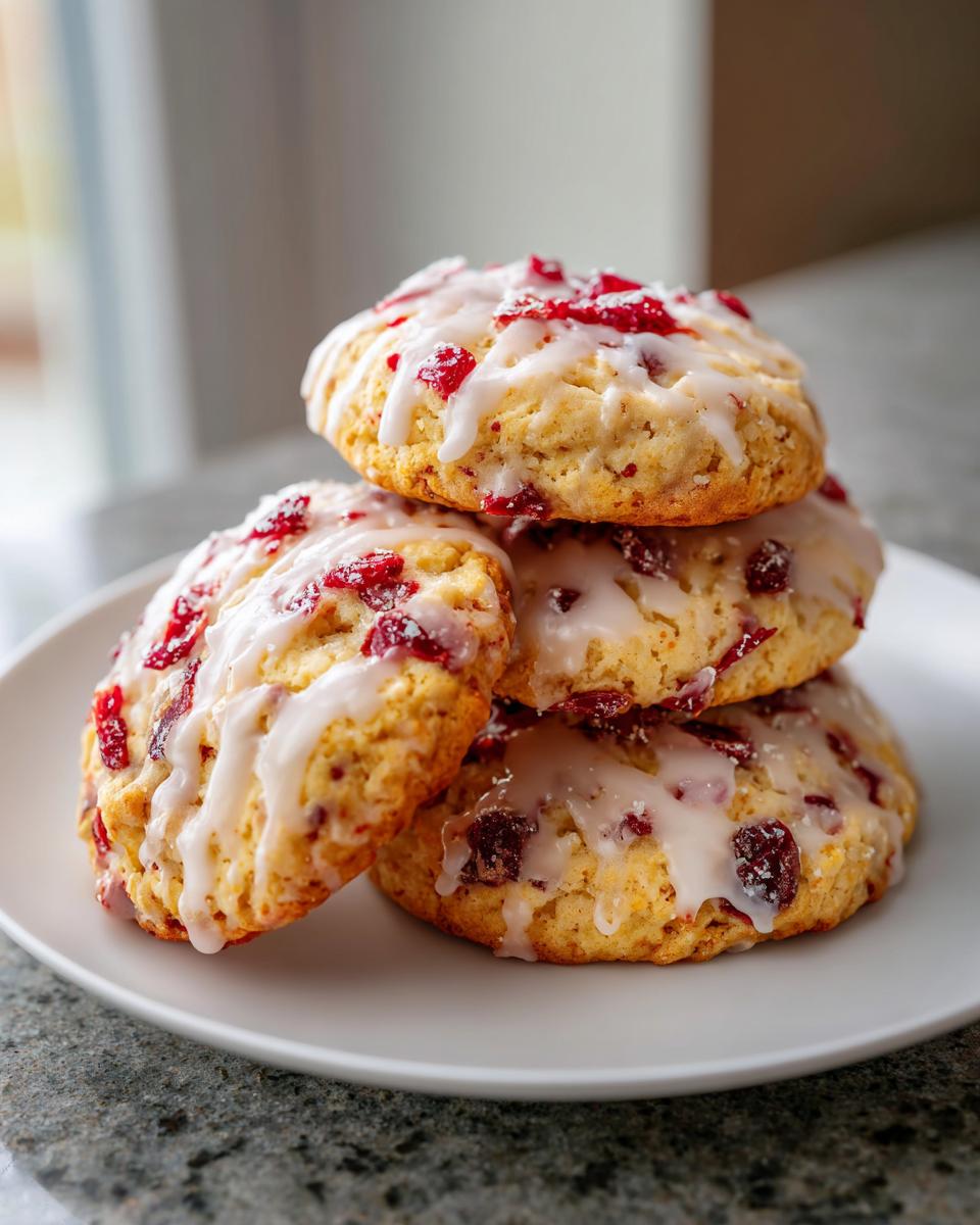 A stack of four delicious cranberry orange cookies topped with white citrus glaze and dried cranberries.