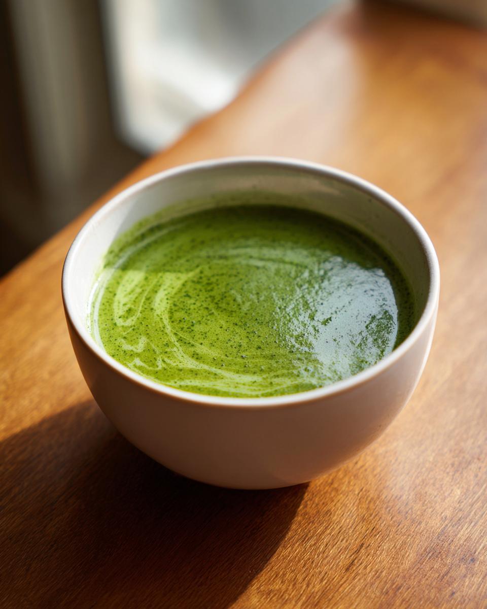 Close-up of a bowl of vibrant green, creamy asparagus soup with swirls on top, sitting on a wooden surface.