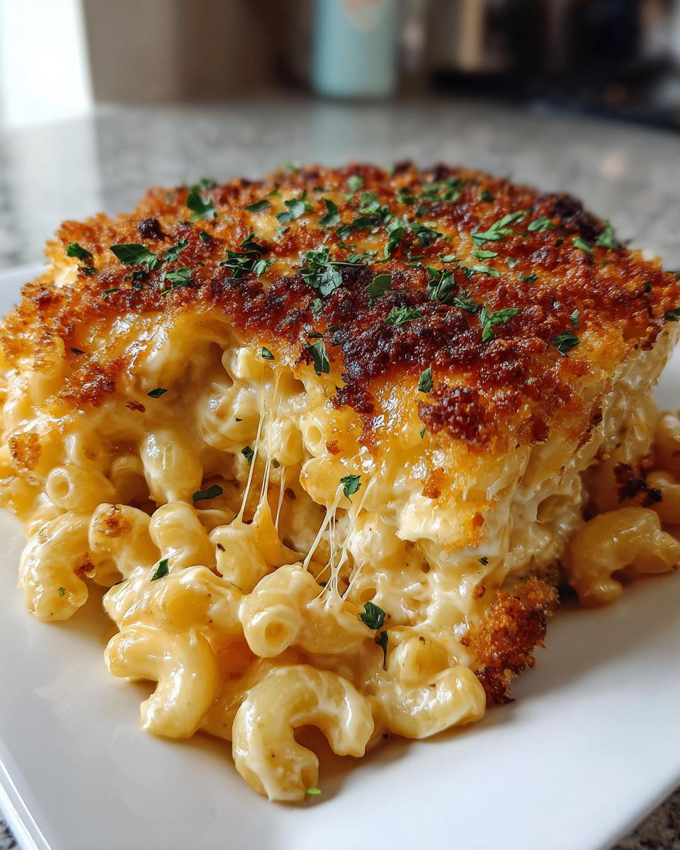 A serving of creamy baked mac and cheese showing a cheese pull and crispy breadcrumb topping.