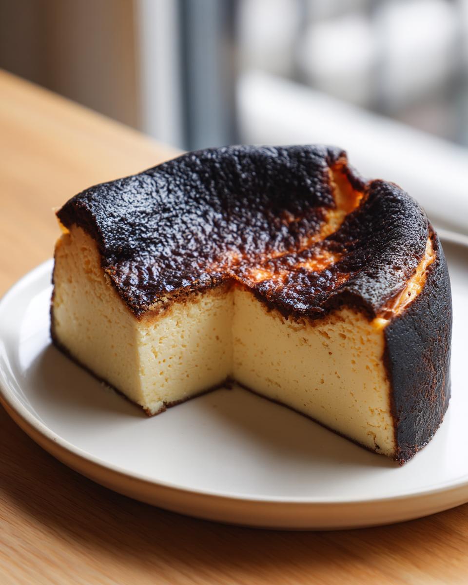 A creamy slice of basque burnt cheesecake with a deeply caramelized, dark top, served on a white plate.