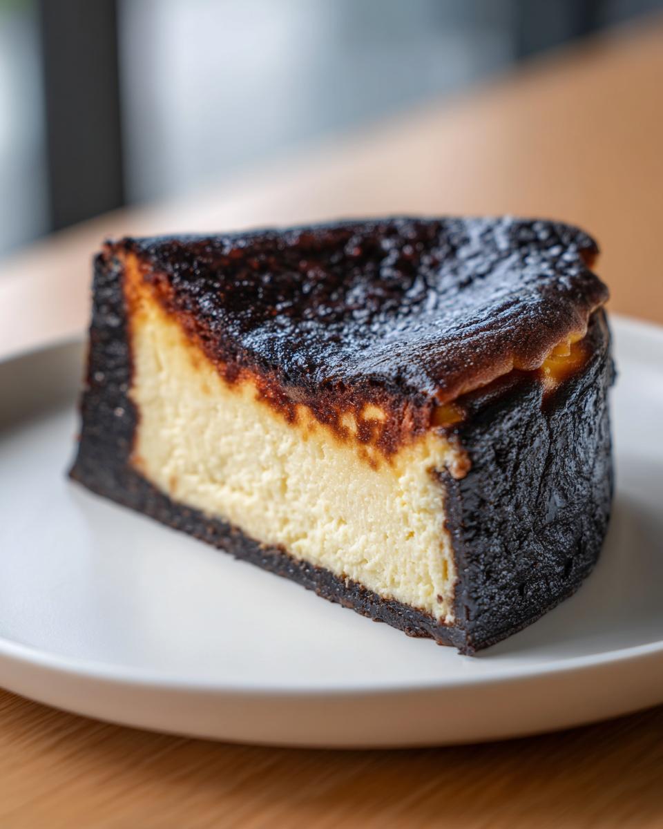 A close-up of a single slice of creamy basque burnt cheesecake showing the dark caramelized top and creamy interior.