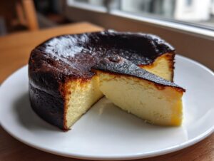 A whole basque burnt cheesecake with a creamy interior, sitting on a white plate with one slice cut out.