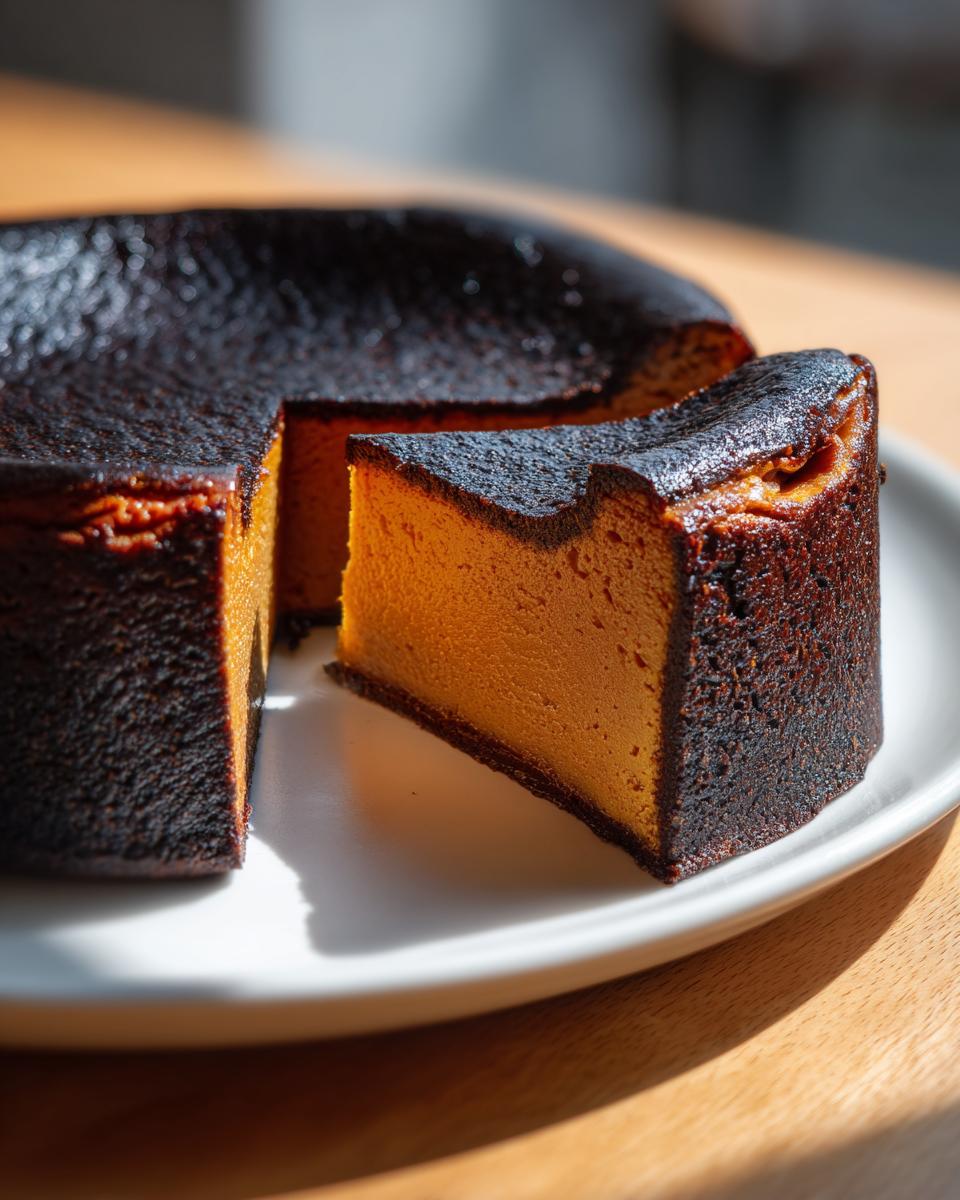 A slice of creamy, deeply caramelized basque burnt cheesecake resting on a white plate.
