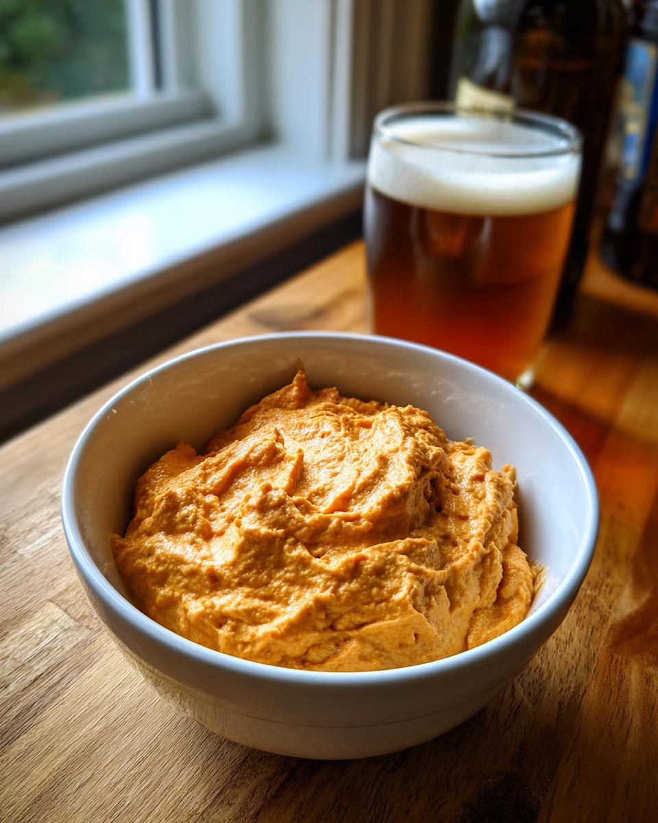 A close-up of thick, orange beer cheese dip served in a white bowl, with a glass of beer in the background.