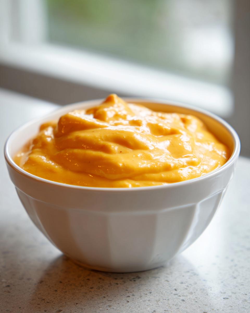 A close-up of thick, creamy, bright orange beer cheese dip served in a white bowl.