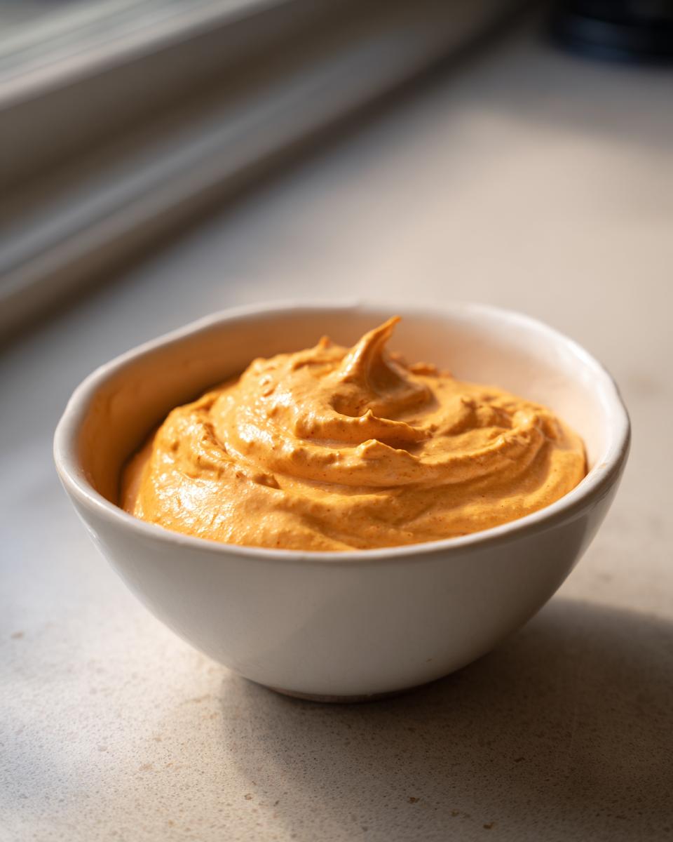 A close-up of thick, creamy, orange-colored beer cheese dip swirled high in a small white bowl.