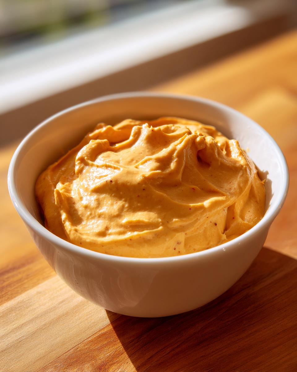 A close-up of thick, orange-yellow beer cheese dip swirled in a white bowl on a wooden surface.