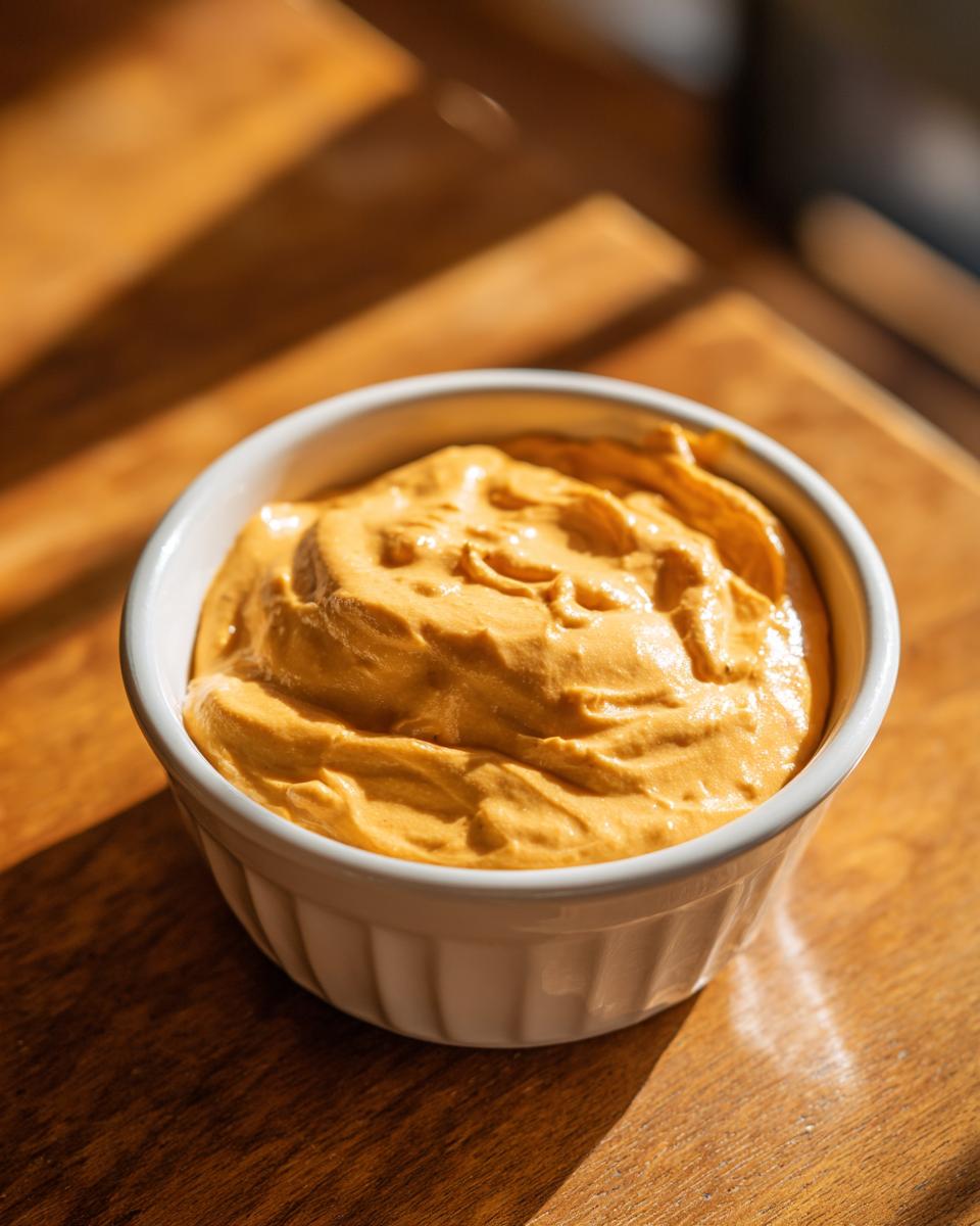 A close-up of thick, creamy, orange beer cheese dip served in a white, ribbed ramekin on a wooden surface.