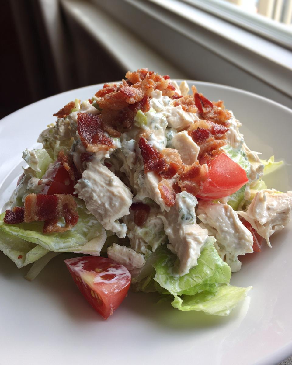 A serving of creamy blt chicken salad piled high on lettuce, topped generously with crispy bacon bits and fresh tomato wedges.