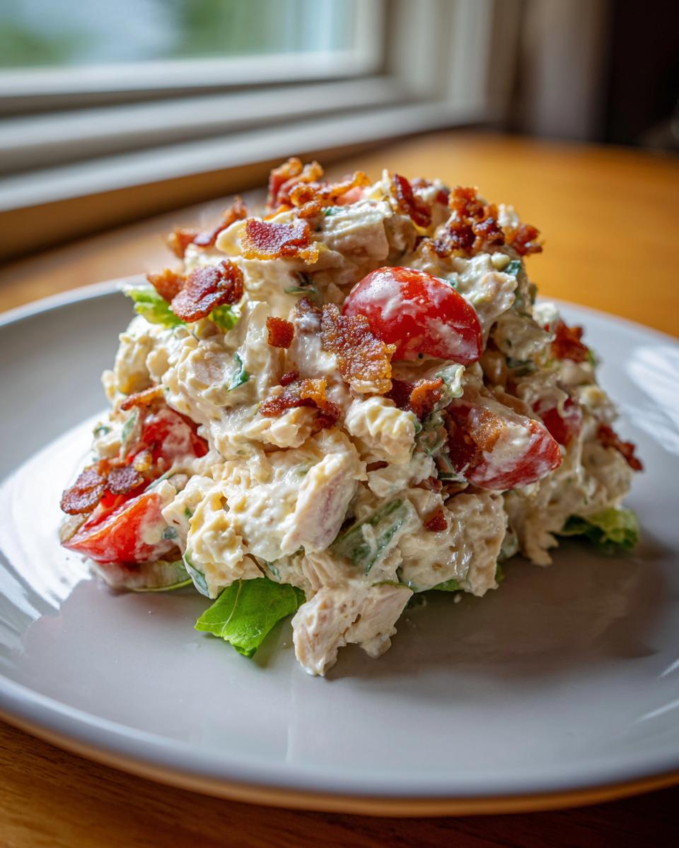 A mound of creamy blt chicken salad topped generously with crispy bacon bits and cherry tomatoes.
