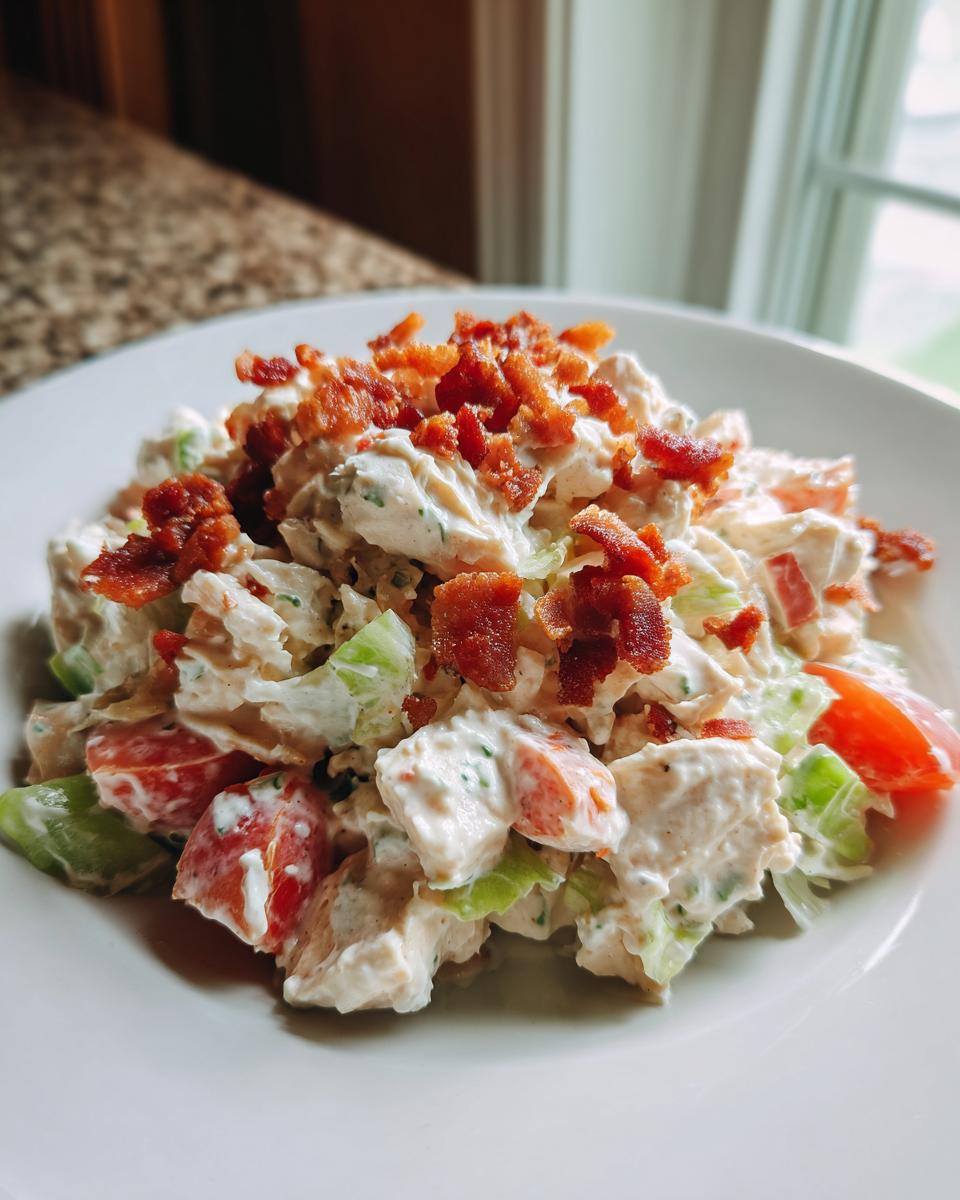 A serving of creamy blt chicken salad featuring chunks of chicken, tomatoes, celery, and topped generously with crispy bacon bits.