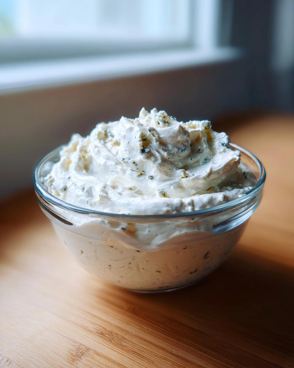 A close-up of thick, creamy blue cheese dip, flecked with blue cheese crumbles and herbs, served in a clear glass bowl.
