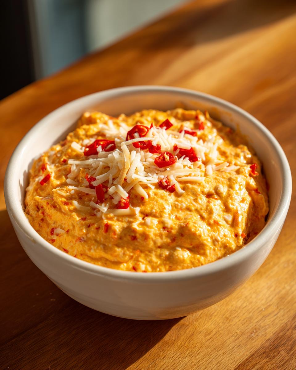 A close-up of creamy orange boat dip in a white bowl, garnished with shredded cheese and chopped red peppers.